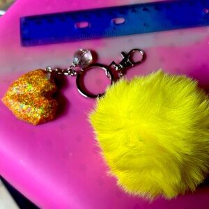 Hand crafted epoxy 3D heart key chain with yellow 2 inch pompom
